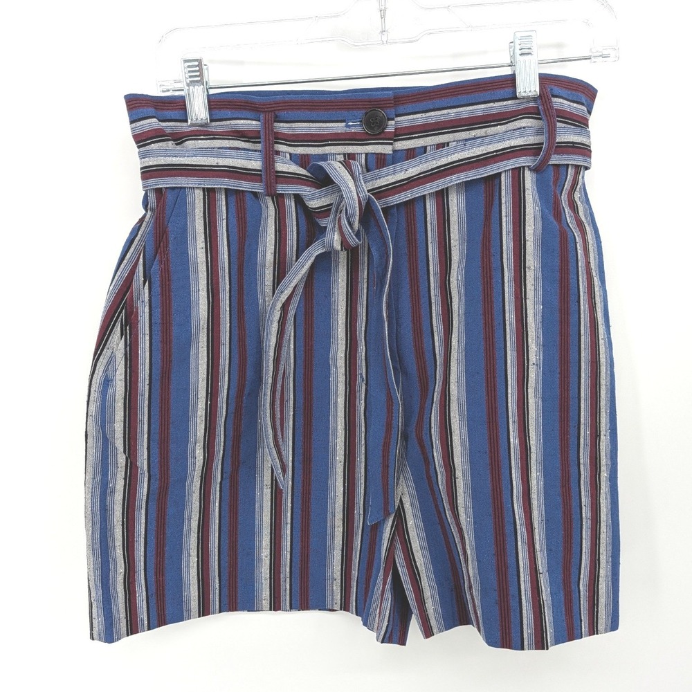 3 1 Phillip Lim Shorts Women 0 Blue Striped High Rise Paperbag Waist Cotton